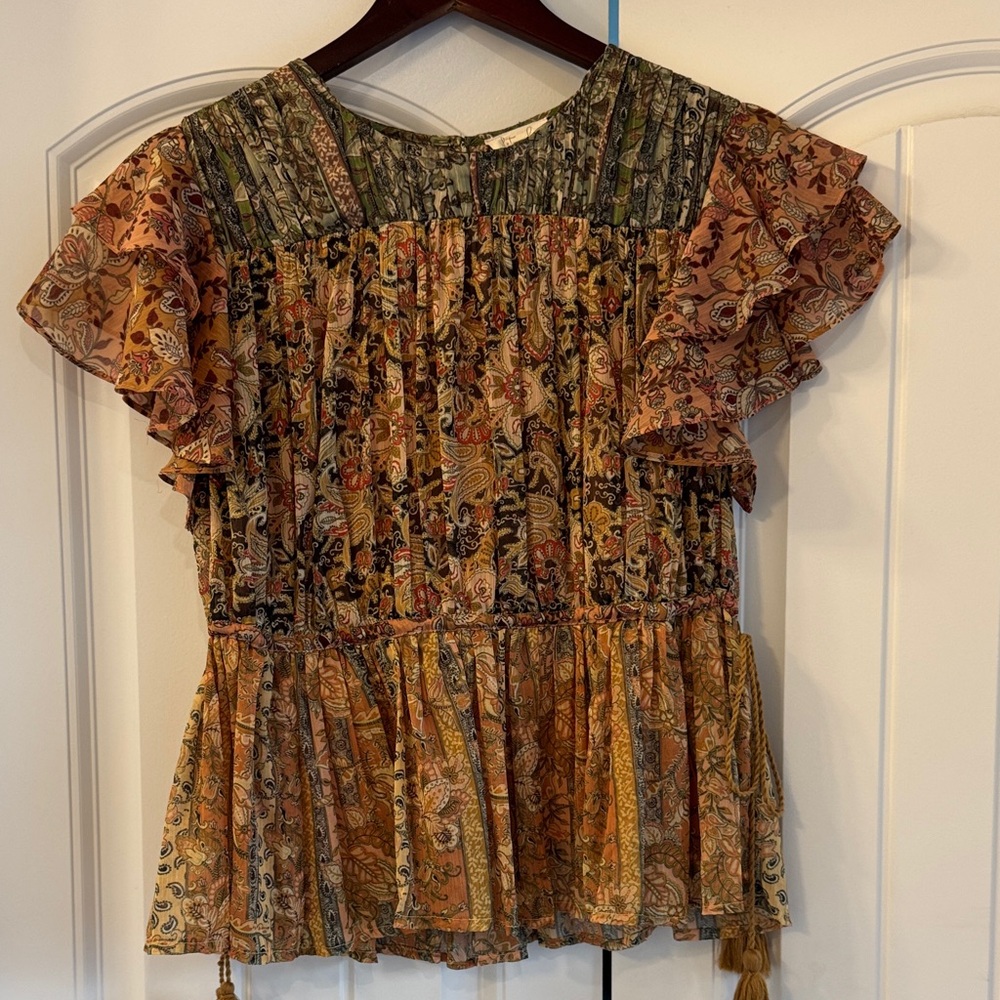 Anthropologie Let Me Be Paisley Ruffle Blouse - Orange, Brown, Green